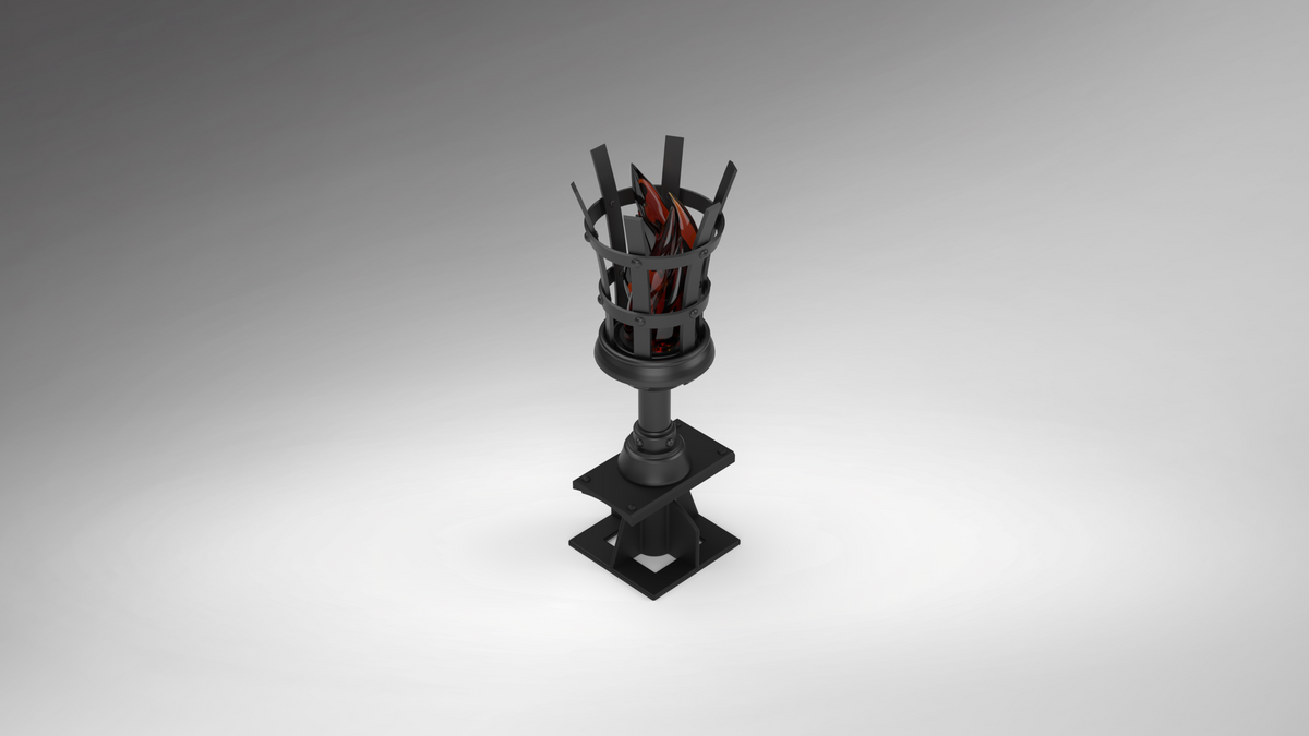 A 3D-rendered black metal stand or holder with a square base, cylindrical middle section, and several upright bars at the top, shown on a smooth gray gradient background.