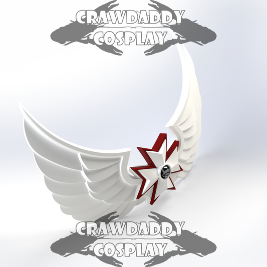 Winged decorative headband with red and black star design on a light gray background, featuring 'Crawdaddy Cosplay' branding.