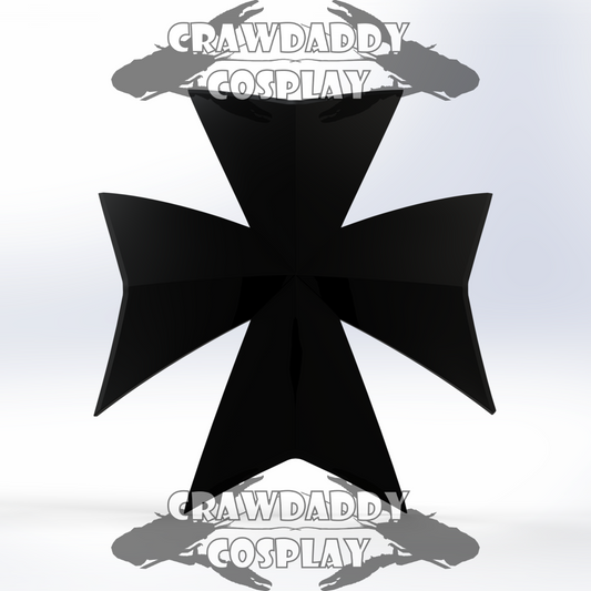 Black cross-shaped headpiece with 'Crawdaddy Cosplay' branding on a light gray background