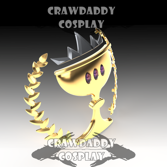 Gold chalice with purple stones on a gray background, branded 'Crawdaddy Cosplay'.