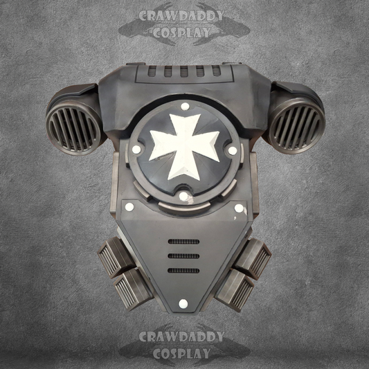 Cosplay gas mask with cross design on a gray background, branded 'Crawdaddy Cosplay'.