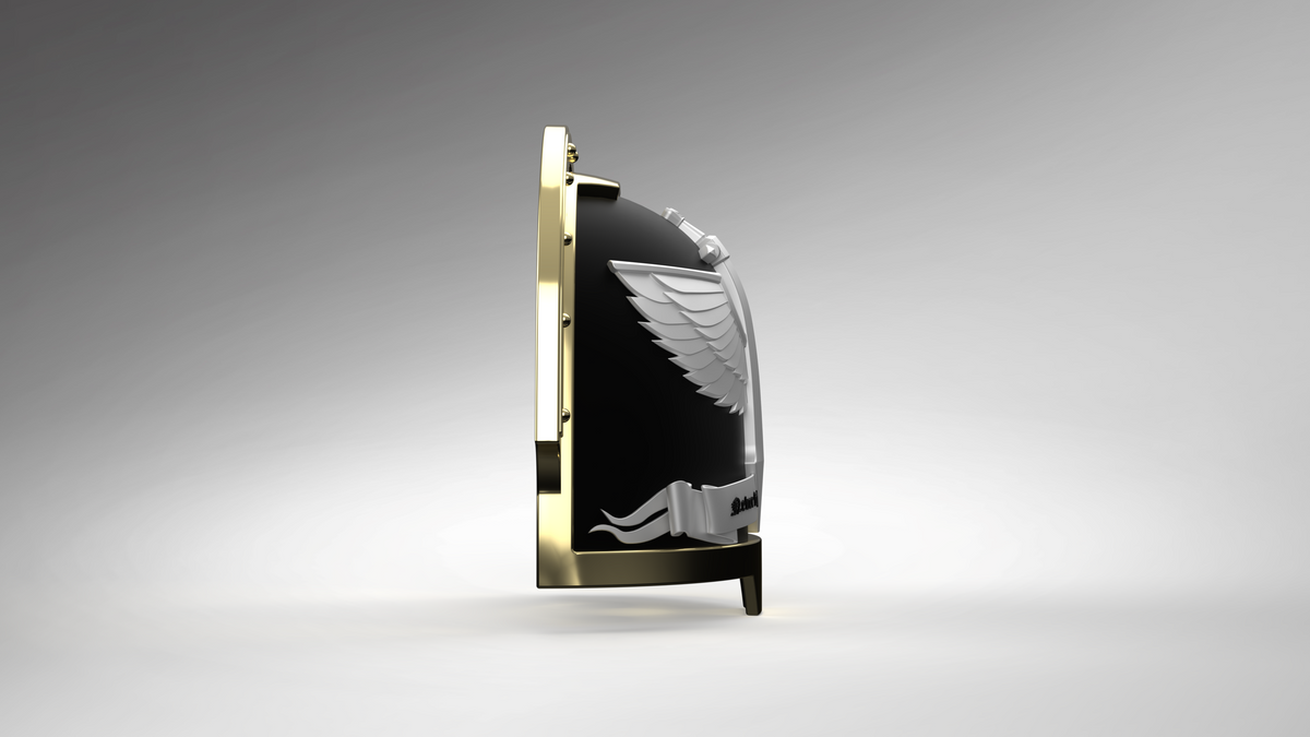 A sleek, black and gold shield stands upright, showcasing a silver wing and stylized flame across its curved surface—an impressive example of the V.10 Gloomy Celestials V.2 Shoulder Detail (3D Print | Files Only) from the Tactical Remaster Arms Pattern—set against a plain gradient background. Perfect for digital download.