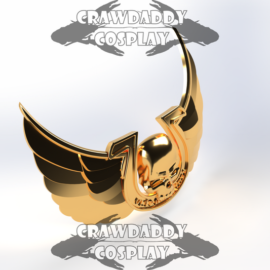 Gold and black winged necklace with 'Crawdaddy Cosplay' branding on a white background