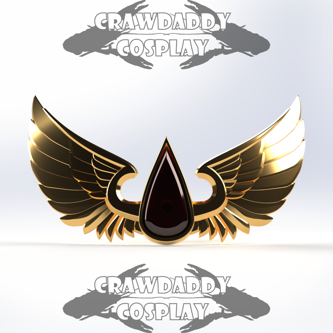 Logo with wings and a droplet, featuring 'Crawdaddy Cosplay' on a light gray background.