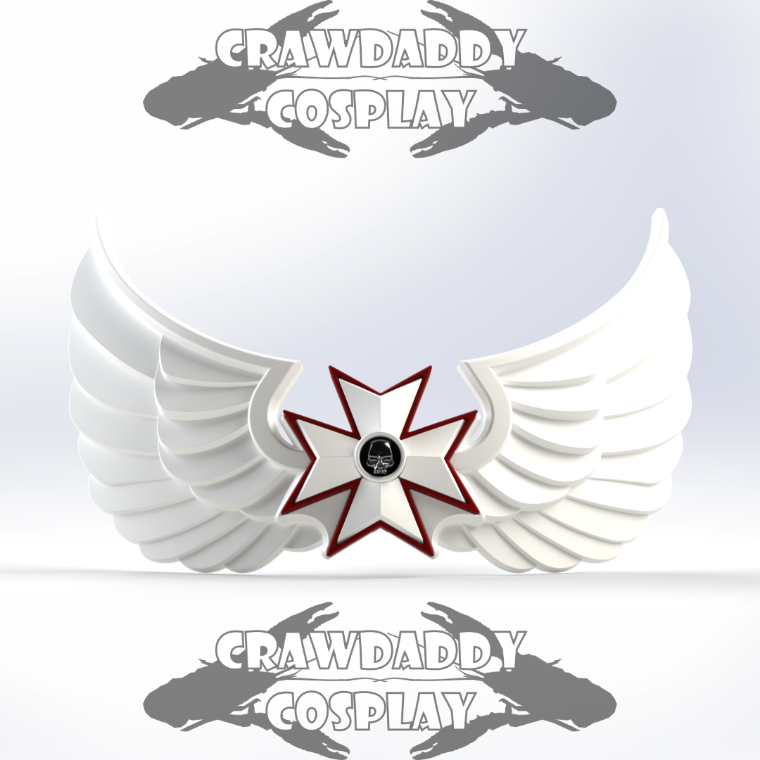 Cosplay accessory with wings and star design on a white background, featuring 'Crawdaddy Cosplay' branding.
