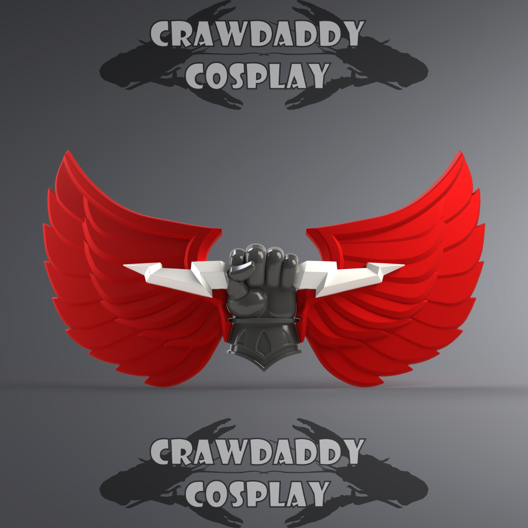 Red wings with a black fist in the center on a gray background, featuring 'Crawdaddy Cosplay' branding.