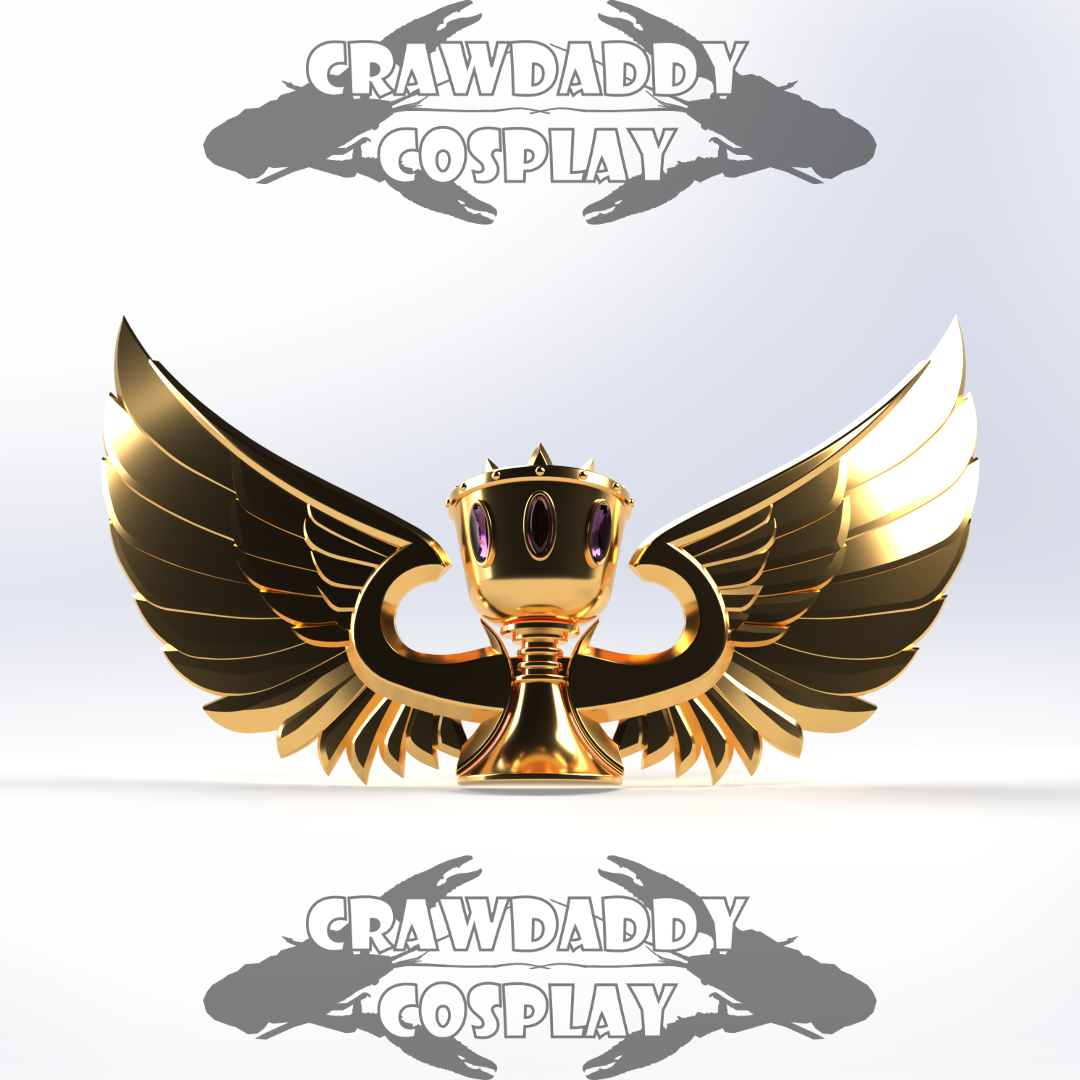 Gold and black emblem with wings on a white background, featuring 'Crawdaddy Cosplay' branding.