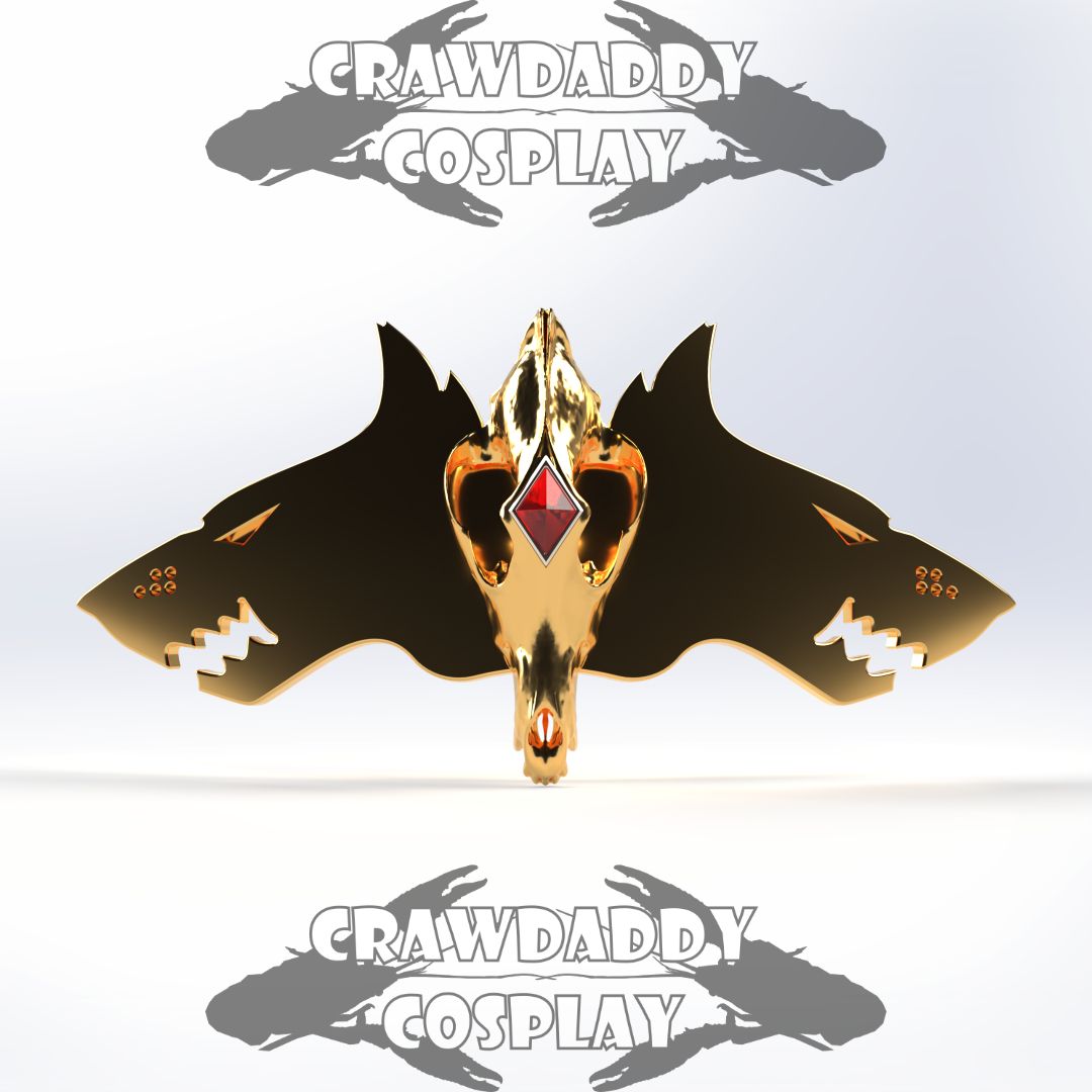 Gold and black wolf head pendant with red gemstone on a white background, branded 'Crawdaddy Cosplay'.