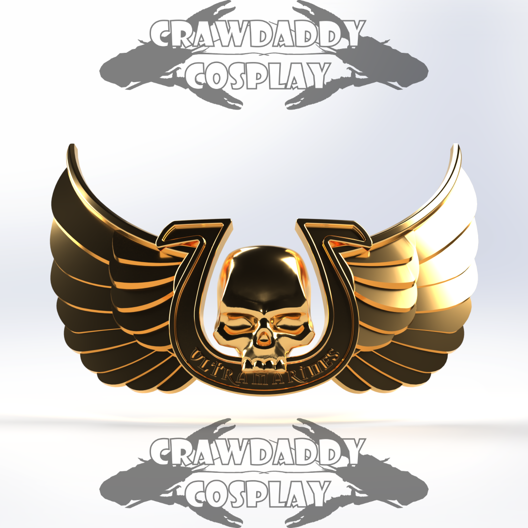 Gold and black emblem with wings and skull design on a white background, featuring 'Crawdaddy Cosplay' branding.