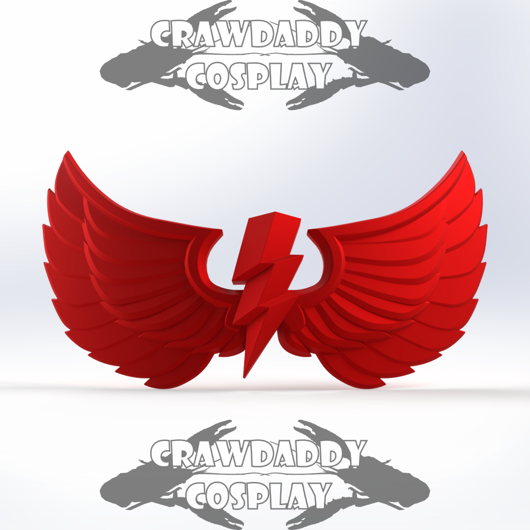 Red winged emblem with a lightning bolt in the center on a light gray background, featuring 'Crawdaddy Cosplay' branding.
