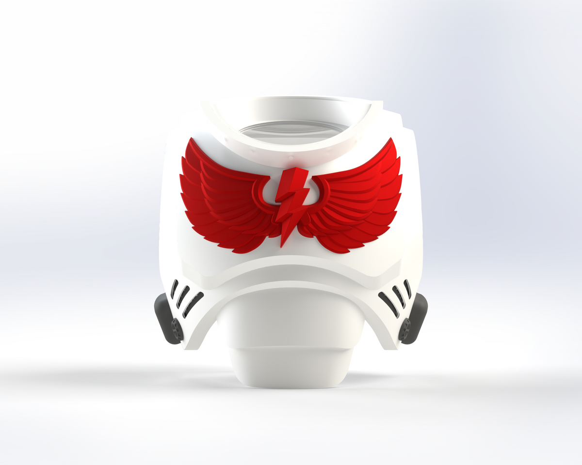 Showcased against a soft gradient backdrop, the V.10 Bleached Blemishes Chest Detail (3D Print | Files Only) displays a striking white armored chestplate adorned with a vivid red winged lightning bolt emblem on the front and black vent accents along each side. Available exclusively as digital files, this 3D-printable pattern is perfect for elevating your next cosplay or adding to your collection.