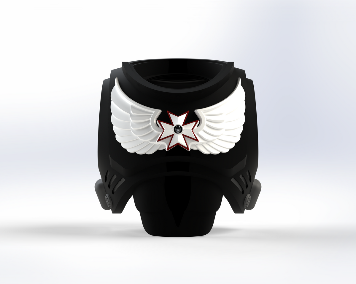 A black chest armor piece showcasing a white winged emblem with a red-edged star at its center, inspired by the V.10 Grim Paladins Chest Detail (3D Print | Files Only). The design sits against a soft gradient background, making it an excellent concept for any 3D-printable Galactic Warriors project.