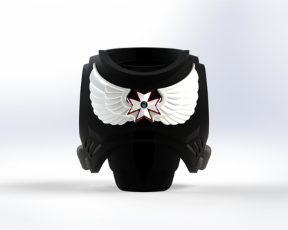 A black chest armor piece showcasing a white winged emblem with a red-edged star at its center, inspired by the V.10 Grim Paladins Chest Detail (3D Print | Files Only). The design sits against a soft gradient background, making it an excellent concept for any 3D-printable Galactic Warriors project.