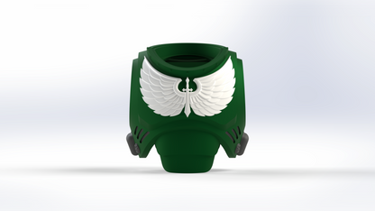 A front-view rendering of the V.10 Gloomy Celestials V.1 Chest Detail (3D Print | Files Only): a green, futuristic armored chest plate featuring a white feathered wings emblem on the front, inspired by the Tactical Chest Remaster Pattern and adorned with Celestials Chest Detail. Displayed against a plain light background, this is an ideal Galactic Warriors accessory for 3D printing enthusiasts.