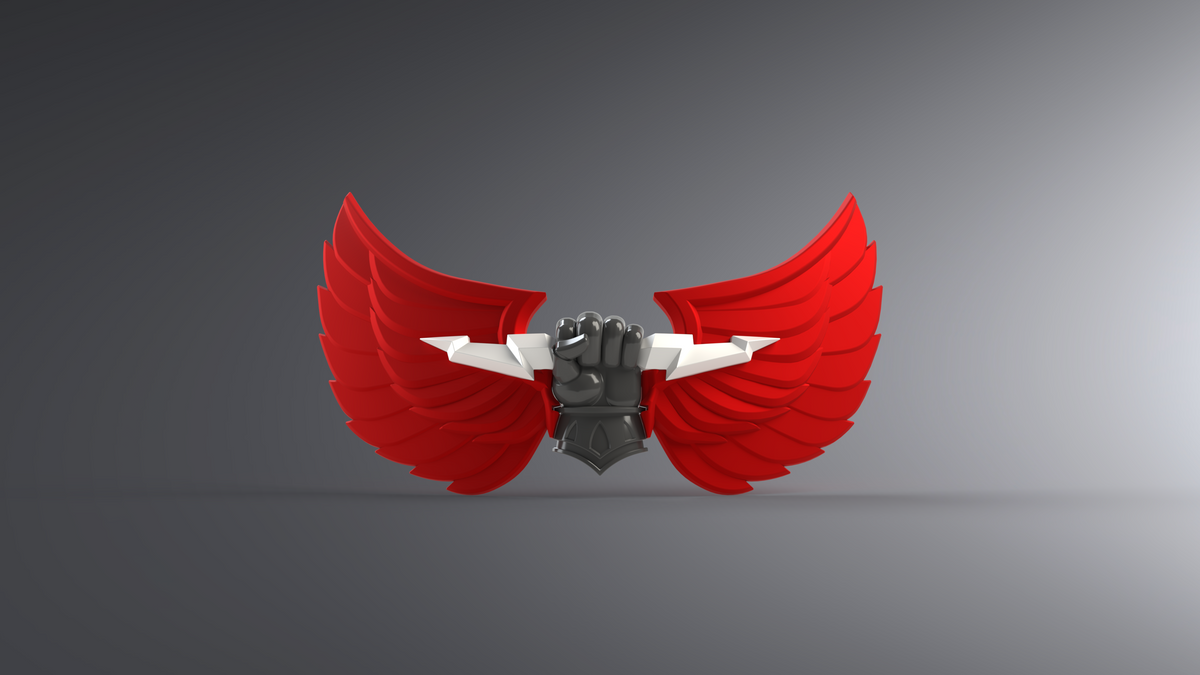 Introducing the V.10 Regal Clenched Hands Chest Detail (3D Print | Files Only): a 3D-printable accessory for Galactic Warriors featuring a stylized black fist gripping a white sword, flanked by bold red wings on both sides and set against a gradient gray background.