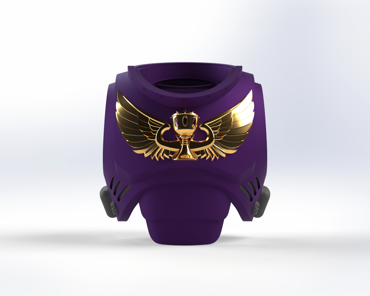 Certainly! Here’s the revised sentence using the provided product data: The V.10 Essence Imbibers Chest Detail (3D Print | Files Only) is a purple, futuristic chest armor piece featuring the Version 10 Tactical Chest Remaster Pattern and adorned with a gold winged trophy emblem on a white background.