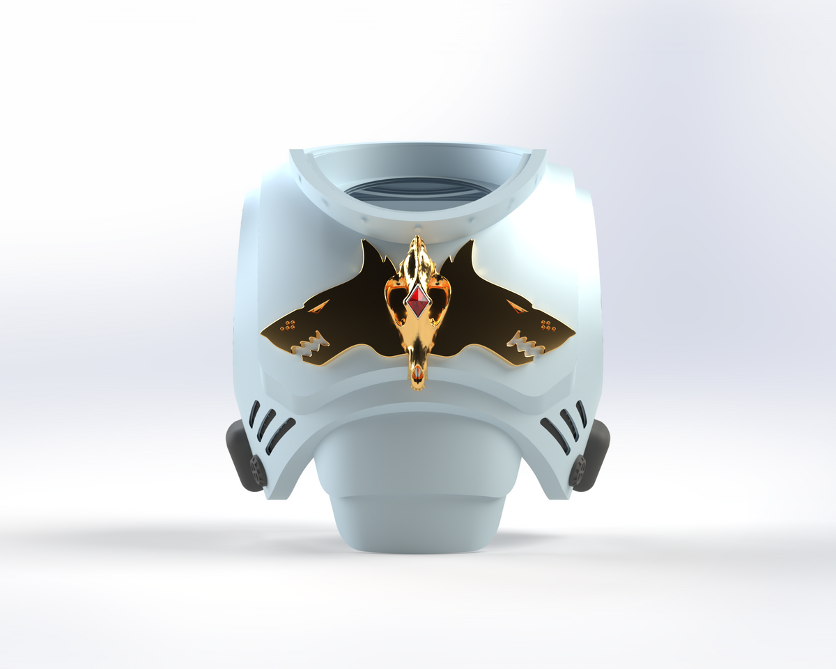 A white futuristic helmet adorned with black and gold accents, highlighted by a striking golden animal skull set with red jewels at the center front, mirrors the captivating design of the V.10 Void Lupines Chest Detail V.1 (3D Print | Files Only). Presented on a plain white background, this look seamlessly fuses innovative style with bold ornamentation inspired by 3D-printable Galactic Warriors motifs.