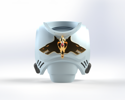 A white futuristic helmet adorned with black and gold accents, highlighted by a striking golden animal skull set with red jewels at the center front, mirrors the captivating design of the V.10 Void Lupines Chest Detail V.1 (3D Print | Files Only). Presented on a plain white background, this look seamlessly fuses innovative style with bold ornamentation inspired by 3D-printable Galactic Warriors motifs.