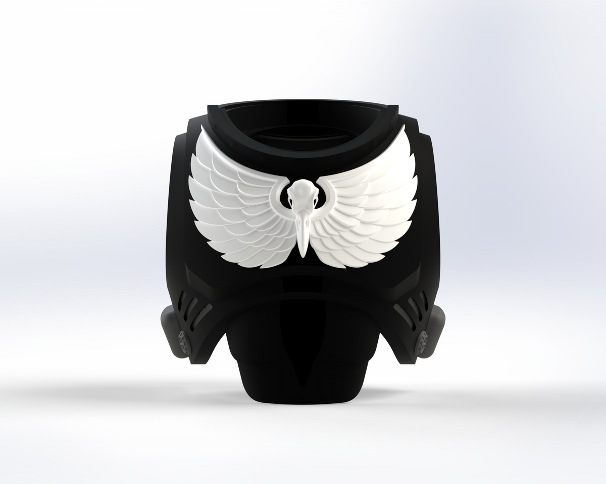 Introducing the V.10 Sable Sentry Chest Detail (3D Print | Files Only): a black, stylized armor chest piece adorned with a striking white winged skull emblem on the front, set against a subtle gradient background. Inspired by the Tactical Sable Sentry from Galactic Warriors Version 10, this 3D-printable design adds bold futuristic character to your collection.