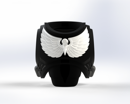 Introducing the V.10 Sable Sentry Chest Detail (3D Print | Files Only): a black, stylized armor chest piece adorned with a striking white winged skull emblem on the front, set against a subtle gradient background. Inspired by the Tactical Sable Sentry from Galactic Warriors Version 10, this 3D-printable design adds bold futuristic character to your collection.