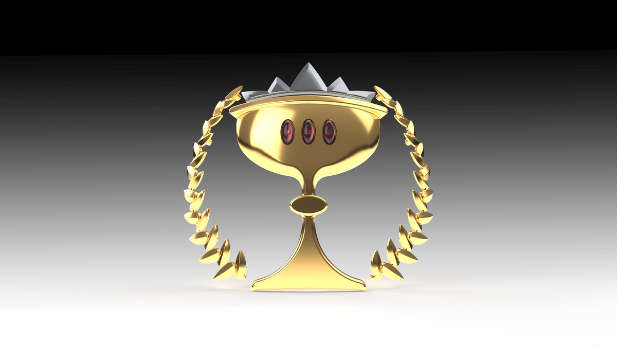 A gold trophy featuring a laurel wreath on either side, three red gems on its front, and silver spikes crowning the top—evoking the design of the V.10 Essence Imbibers Shoulder Detail (3D Print | Files Only)—set against a gradient background.