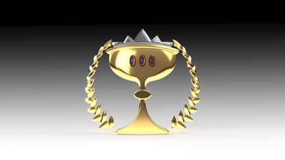 A gold trophy featuring a laurel wreath on either side, three red gems on its front, and silver spikes crowning the top—evoking the design of the V.10 Essence Imbibers Shoulder Detail (3D Print | Files Only)—set against a gradient background.