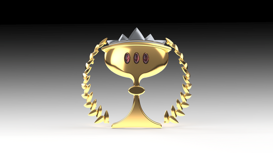 A gold trophy featuring a laurel wreath on either side, three red gems on its front, and silver spikes crowning the top—evoking the design of the V.10 Essence Imbibers Shoulder Detail (3D Print | Files Only)—set against a gradient background.
