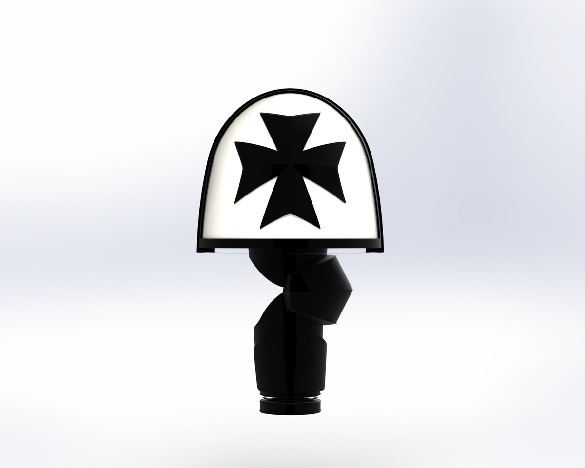 A black and white V.10 Grim Paladins Shoulder Detail featuring a bold black cross symbol on the front, designed for 3D printing (files only), displayed on a black base against a plain white background—ideal for enhancing your Galactic Warriors collection.