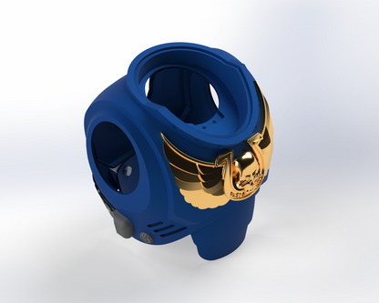 A 3D printable “V.10 Blueberry Warriors Chest Detail” featuring a blue, futuristic armor chest piece with a shiny gold eagle and skull emblem on the front, inspired by the iconic Galactic Warriors design, set against a plain, light background.