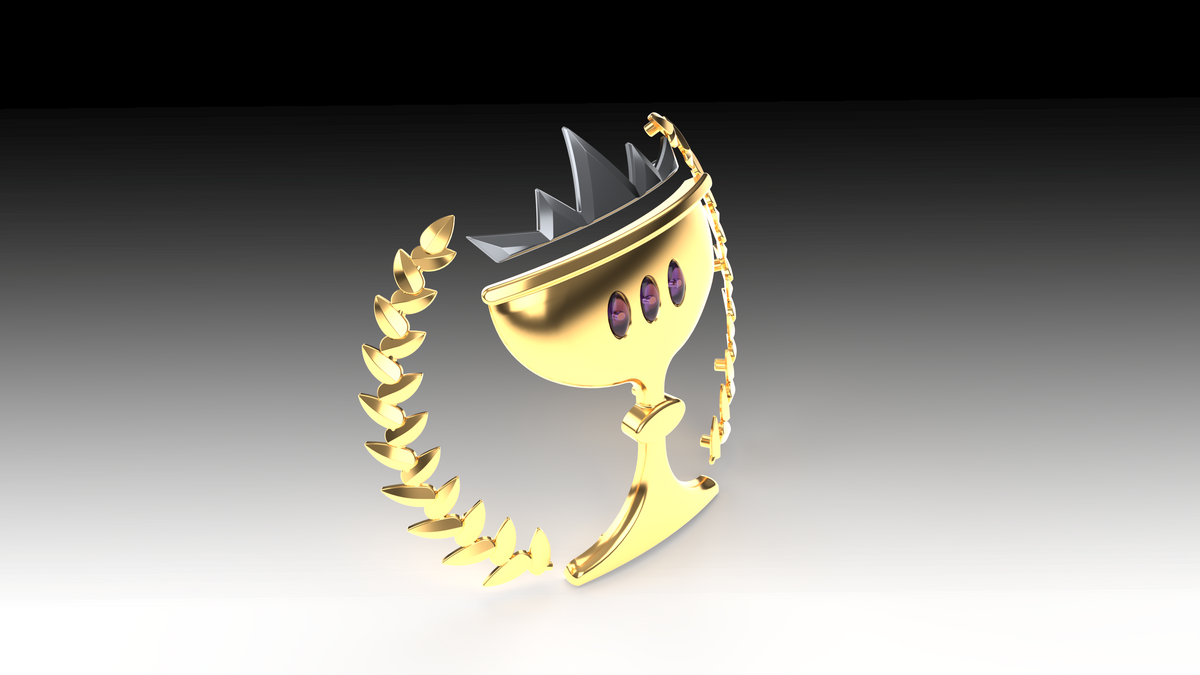 A gold trophy cup adorned with purple gems, crowned with a silver crown, and flanked by laurel branches on each side—perfect for celebrating V.10 Essence Imbibers Shoulder Detail (3D Print | Files Only)—set against a gradient black-to-white background.