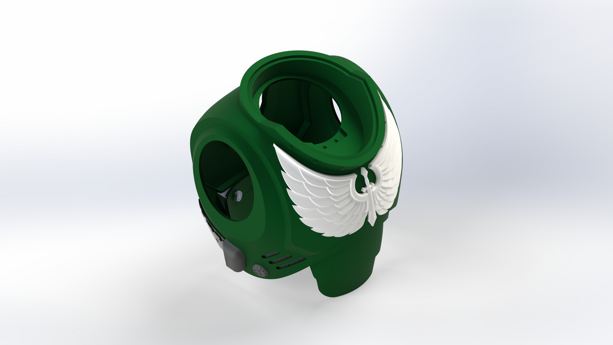 Introducing the V.10 Gloomy Celestials V.1 Chest Detail (3D Print | Files Only): a green armored chest piece featuring large white wings on the sides, intricate mechanical elements inspired by the Tactical Chest Remaster Pattern, and a distinctive dark circular emblem near the bottom—perfect for Galactic Warriors fans looking for authentic, 3D-printable Celestials Chest Detail.