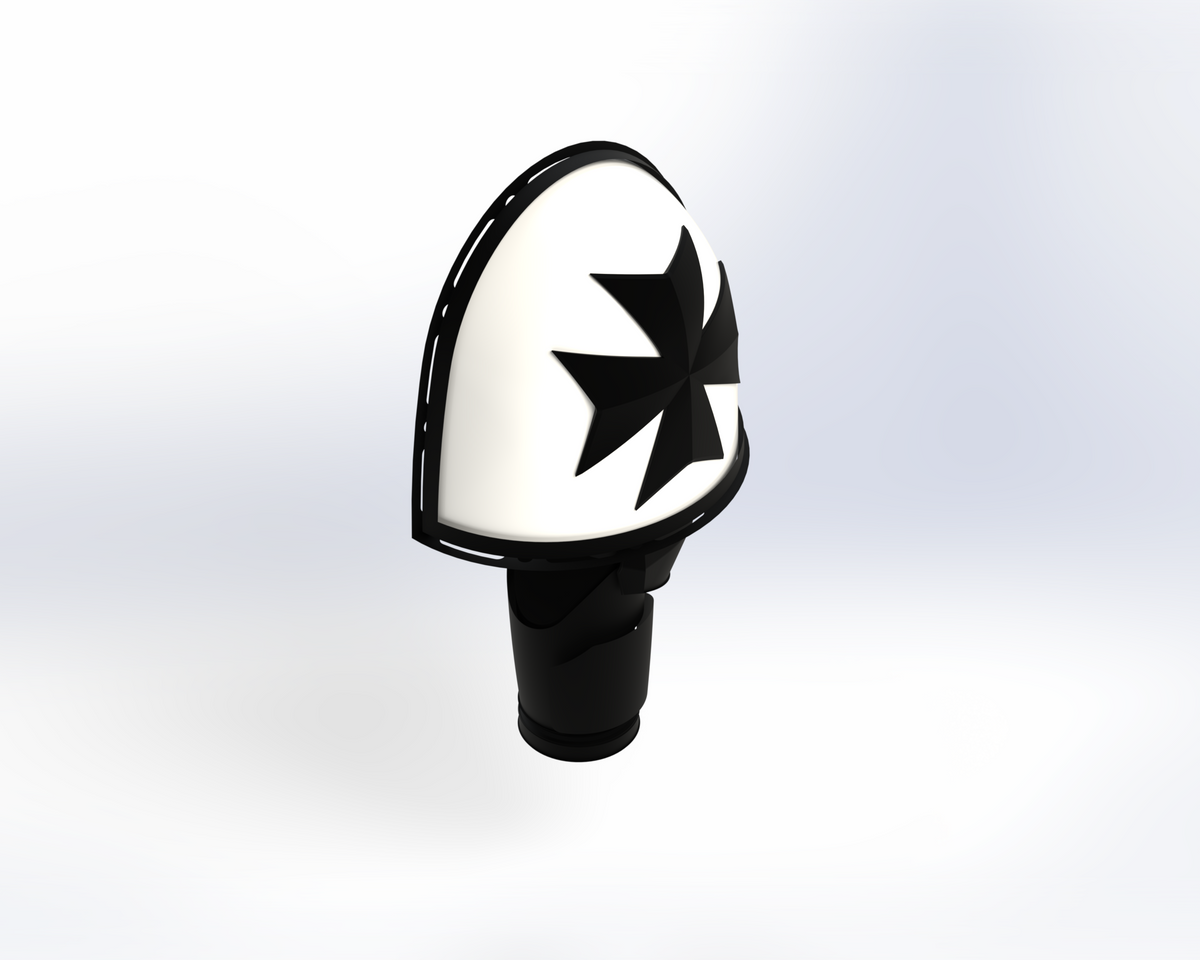 A white helmet featuring a striking black Maltese cross on the side, accented with a black edge trim and matching chin strap—its design drawing inspiration from the V.10 Grim Paladins Shoulder Detail (3D Print | Files Only)—displayed on a simple white background.