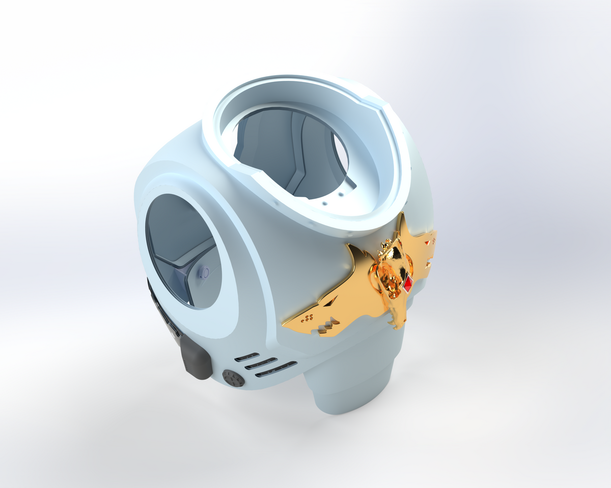 A light blue, futuristic chest detail with a prominent gold lion emblem at the center, accented by red and green highlights. This accessory features a rounded shape with open sections on top and sides, displayed against a plain white background. Inspired by the V.10 Void Lupines Chest Detail V.1 (3D Print | Files Only), this design captures the advanced technology and bold aesthetic of interstellar warriors.