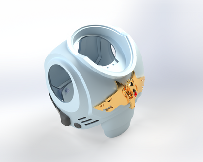 A light blue, futuristic chest detail with a prominent gold lion emblem at the center, accented by red and green highlights. This accessory features a rounded shape with open sections on top and sides, displayed against a plain white background. Inspired by the V.10 Void Lupines Chest Detail V.1 (3D Print | Files Only), this design captures the advanced technology and bold aesthetic of interstellar warriors.