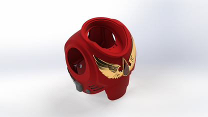 V.10 Crimson Celestials Chest Detail (3D Print | Files Only): A red armored chest piece adorned with a gold winged emblem and drop symbol on the front, featuring black and silver accents, viewed from above on a light background—a 3D-printable detail inspired by the Tactical Crimson Celestials from Galactic Warriors Version 10.