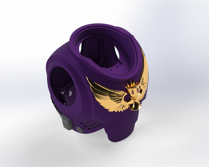 A purple futuristic helmet with a golden winged skull crest and crown on the front, set against a white background—an ideal companion piece for the V.10 Essence Imbibers Chest Detail (3D Print | Files Only).