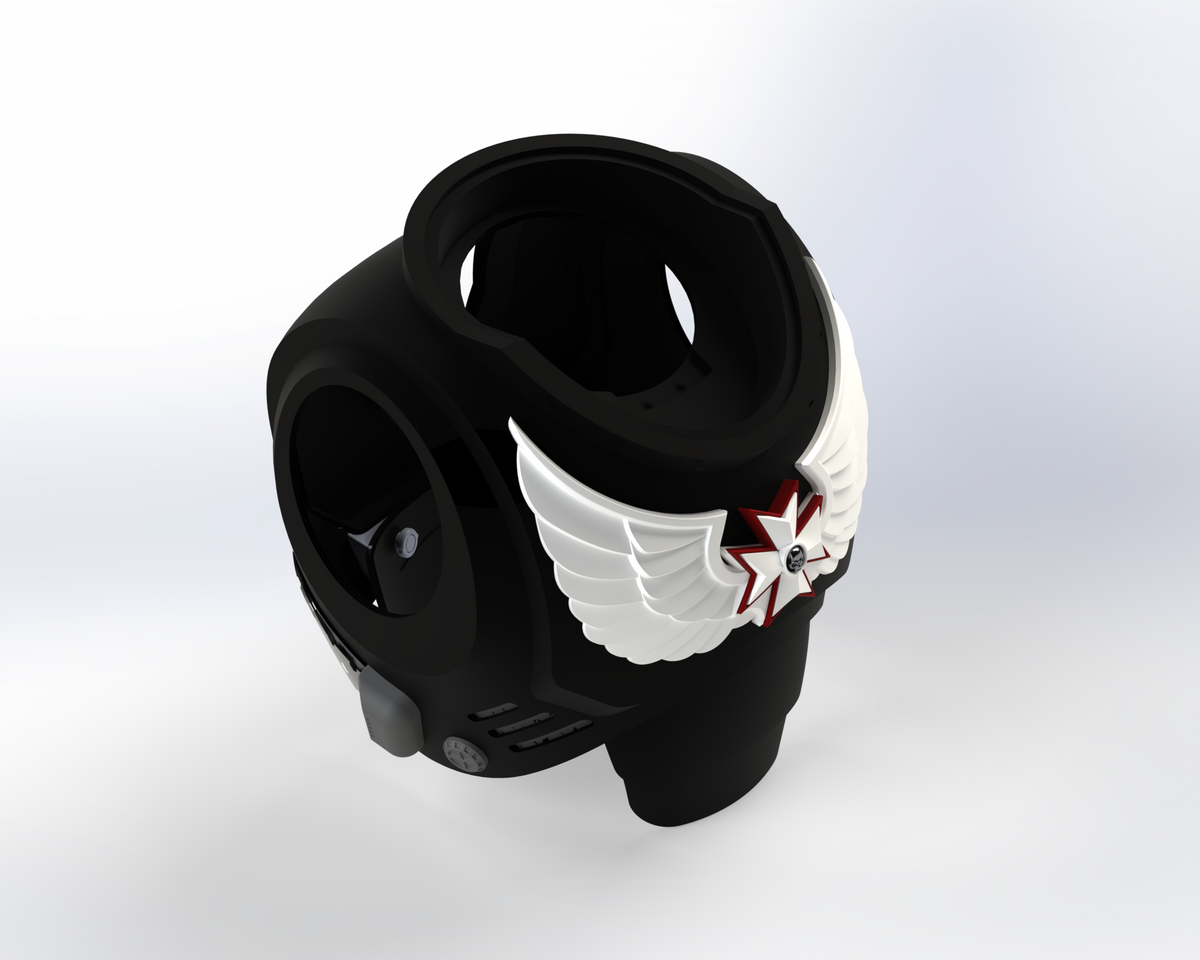 A 3D-printed V.10 Grim Paladins Chest Detail (Files Only), designed with a black helmet-like appearance featuring a prominent white wing and red star emblem on the front, and subtle details inspired by Tactical Grim Paladins, displayed against a plain white background.