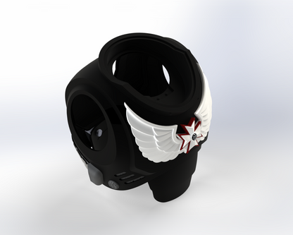 A 3D-printed V.10 Grim Paladins Chest Detail (Files Only), designed with a black helmet-like appearance featuring a prominent white wing and red star emblem on the front, and subtle details inspired by Tactical Grim Paladins, displayed against a plain white background.