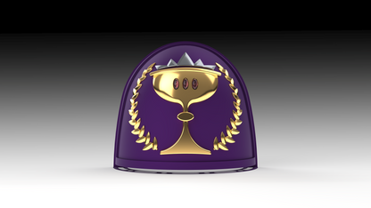 A purple V.10 Essence Imbibers Shoulder Detail features a gold chalice adorned with three red gems and golden laurels on a gradient black-to-white background—ideal as a 3D-printable digital file for Galactic Warriors shoulder armor.