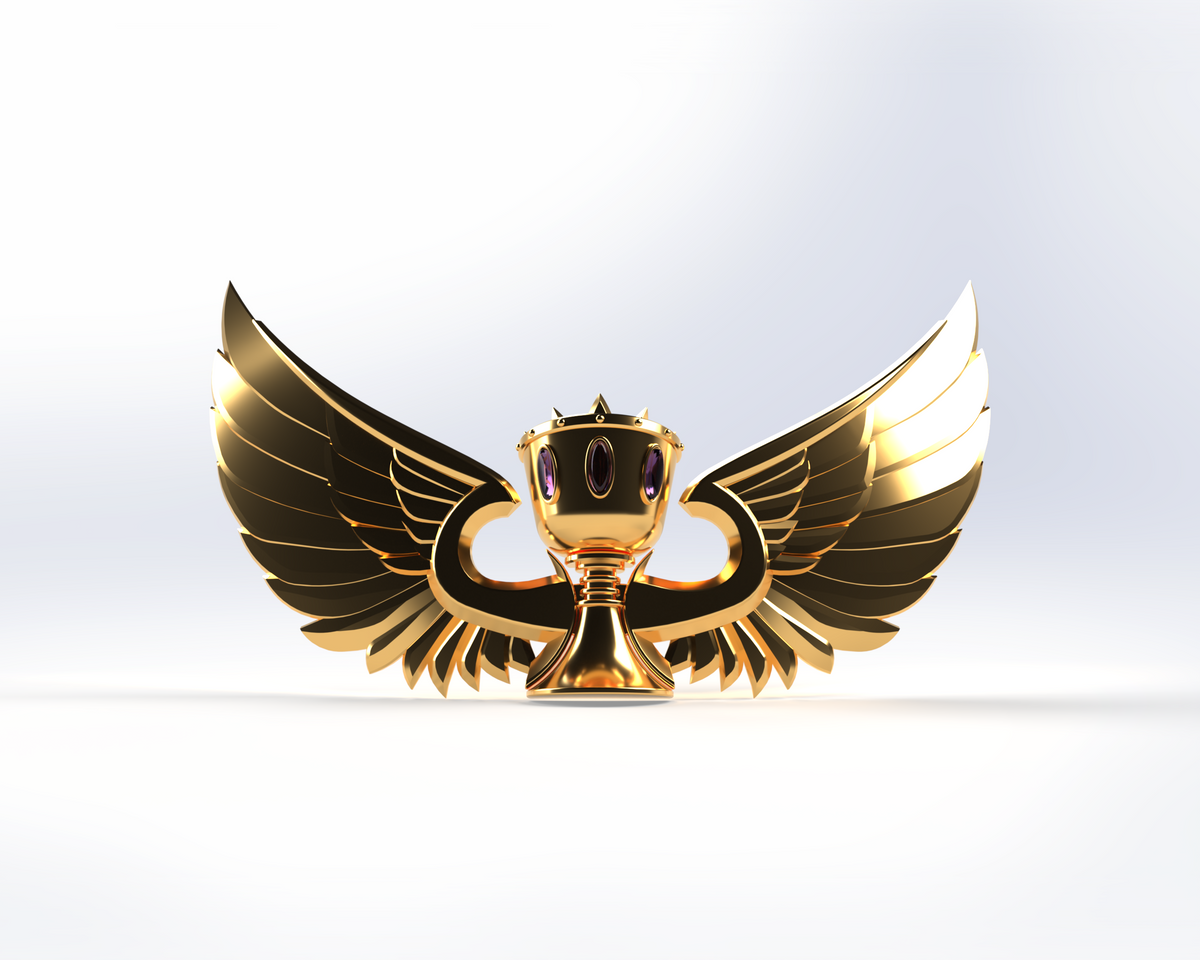 A golden trophy cup with large, stylized wings on each side, set against a light background. The detailed, wide-spread wings give the trophy a majestic and triumphant look inspired by the V.10 Essence Imbibers Chest Detail (3D Print | Files Only) design.