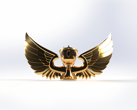 A golden trophy cup with large, stylized wings on each side, set against a light background. The detailed, wide-spread wings give the trophy a majestic and triumphant look inspired by the V.10 Essence Imbibers Chest Detail (3D Print | Files Only) design.