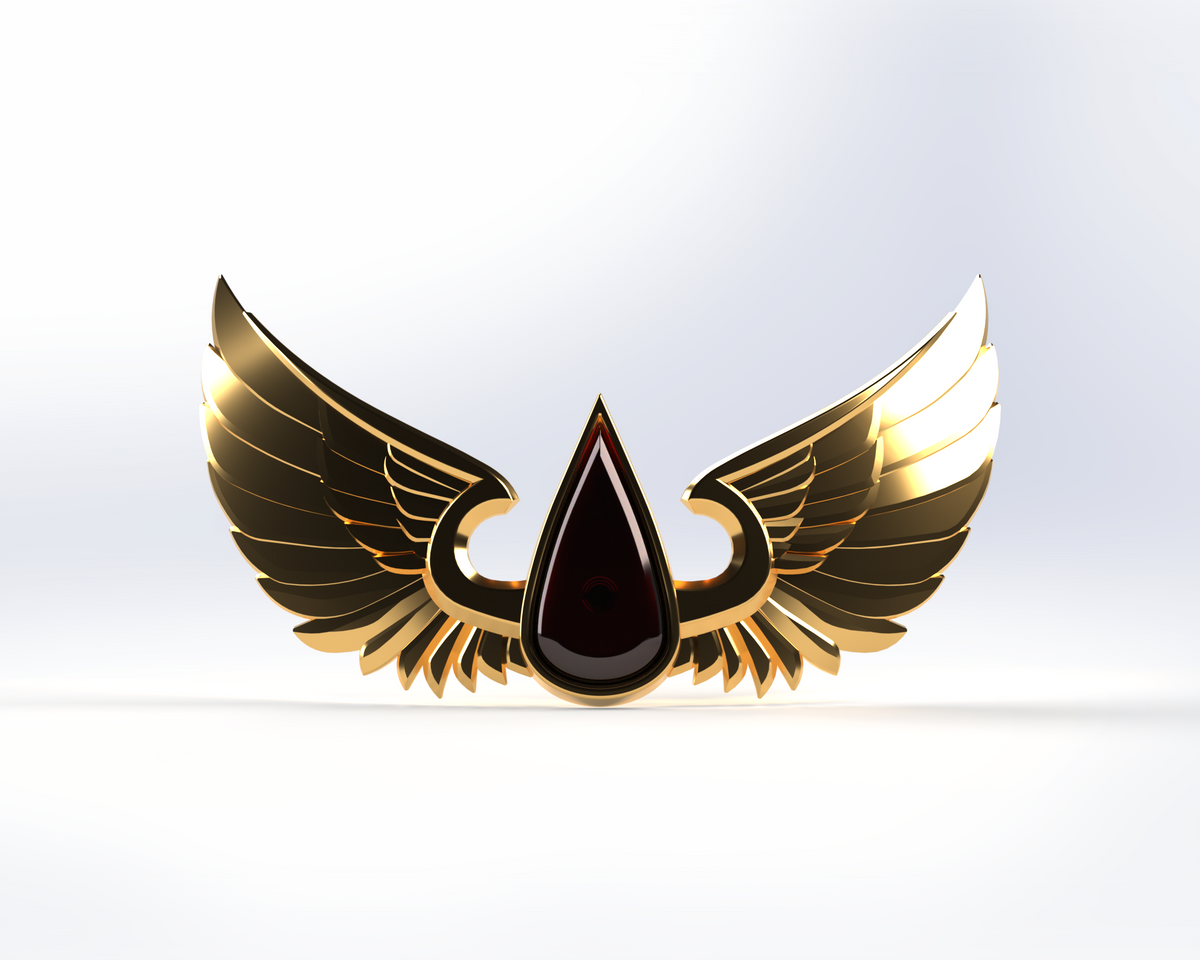 Centered against a light gradient background, the V.10 Crimson Celestials Chest Detail (3D Print | Files Only) features a glossy black droplet with elegant gold trim, framed by stylized gold wings—perfect for 3D-printable projects inspired by the bold iconography of Galactic Warriors Version 10.