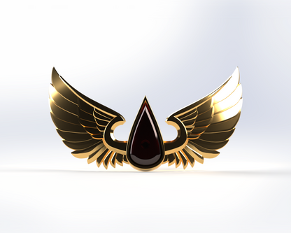 Centered against a light gradient background, the V.10 Crimson Celestials Chest Detail (3D Print | Files Only) features a glossy black droplet with elegant gold trim, framed by stylized gold wings—perfect for 3D-printable projects inspired by the bold iconography of Galactic Warriors Version 10.