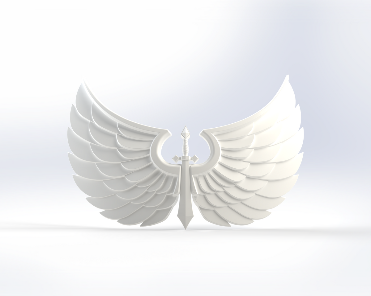 The V.10 Gloomy Celestials V.1 Chest Detail (3D Print | Files Only) showcases a 3D-rendered white emblem with a downward-pointing sword and intricately detailed, outstretched wings—an ideal addition to your next Galactic Warriors or Celestials project, presented against a subtle light gradient background.