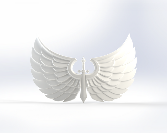 The V.10 Gloomy Celestials V.1 Chest Detail (3D Print | Files Only) showcases a 3D-rendered white emblem with a downward-pointing sword and intricately detailed, outstretched wings—an ideal addition to your next Galactic Warriors or Celestials project, presented against a subtle light gradient background.