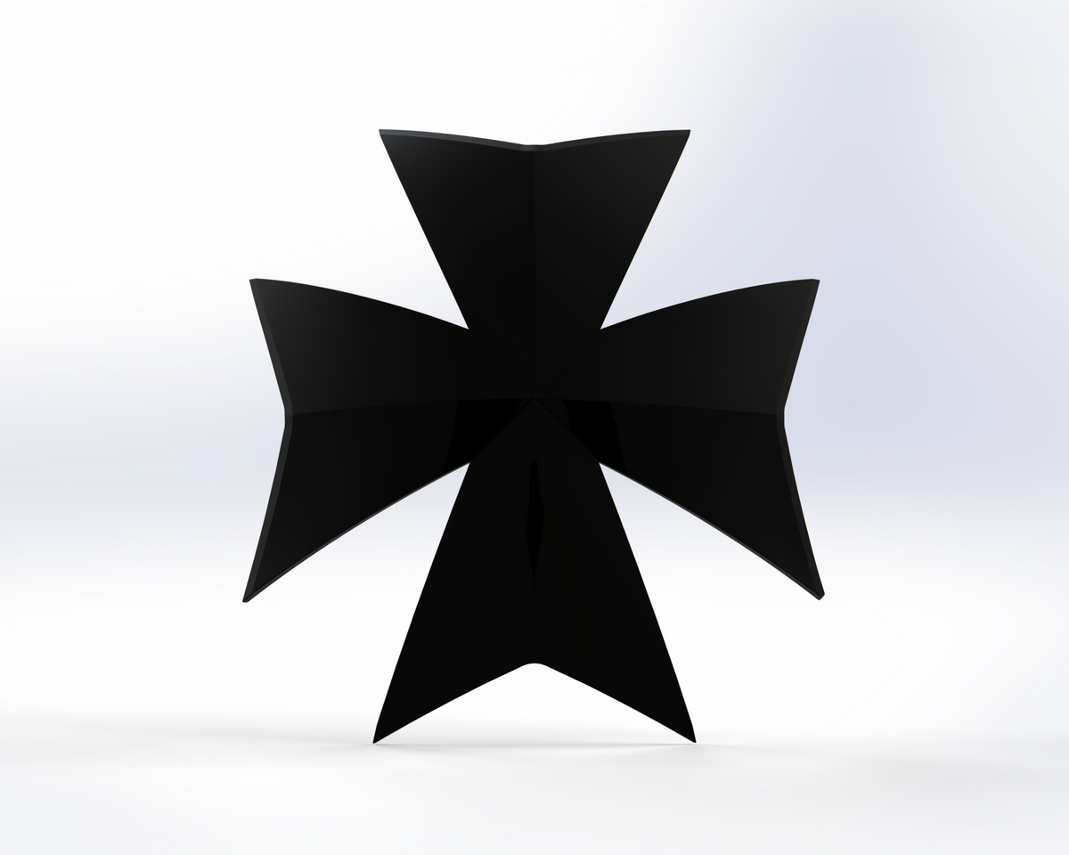 A bold black, four-pointed Maltese cross with flared arms—faithfully inspired by the V.10 Grim Paladins Shoulder Detail (3D Print | Files Only)—stands out against a light gradient background, making it an ideal motif for 3D-printable Galactic Warriors projects.