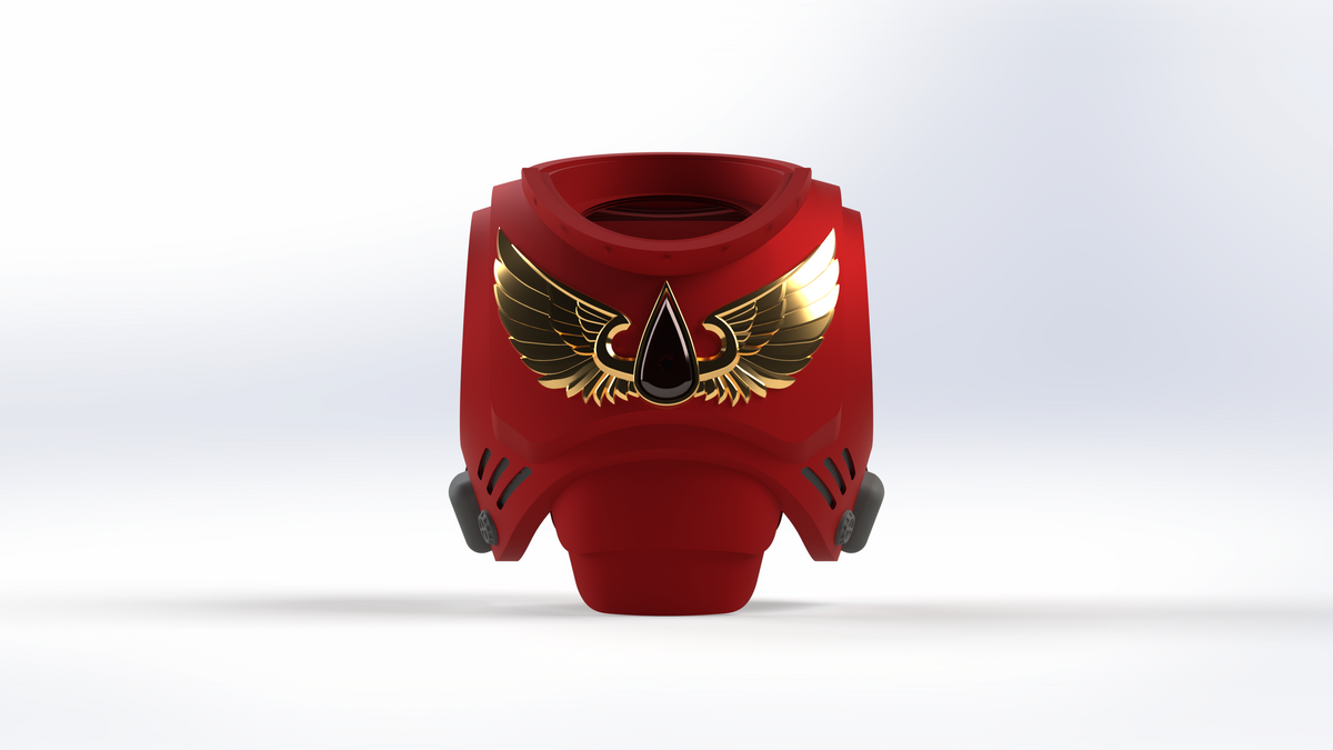 The V.10 Crimson Celestials Chest Detail (3D Print | Files Only) is showcased from the front against a white background, featuring a red armored chestplate with a gold and black winged emblem resembling stylized wings and a teardrop. Inspired by the Tactical Crimson Celestials from Galactic Warriors Version 10, this design offers a 3D-printable chest detail for enhanced authenticity.