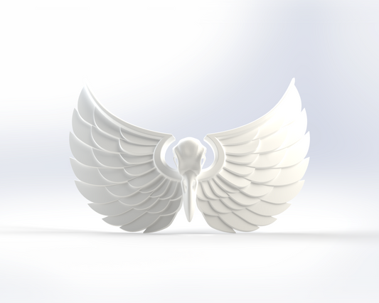 Introducing the V.10 Sable Sentry Chest Detail (3D Print | Files Only): a striking white, stylized bird skull with broad, symmetrical wings unfurled against a gentle gradient white backdrop—perfect as a 3D-printable chest adornment for your Galactic Warriors Version 10 or elite Tactical Sable Sentry builds.