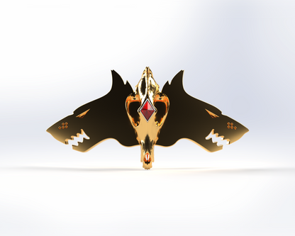 Showcase your latest project with the V.10 Void Lupines Chest Detail V.1 (3D Print | Files Only) – a striking gold design featuring a stylized three-headed wolf with sharp teeth, a central wolf skull, and a bold red diamond shape on its forehead, all set against a crisp white background.