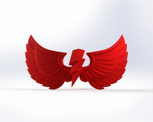 Introducing the V.10 Bleached Blemishes Chest Detail (3D Print | Files Only): a striking red 3D emblem with outstretched wings and a prominent lightning bolt at its center, set against a subtle white backdrop—perfect as a Tactical Chest Remaster Pattern and ideal for digital download or 3D-printable Galactic Warriors.